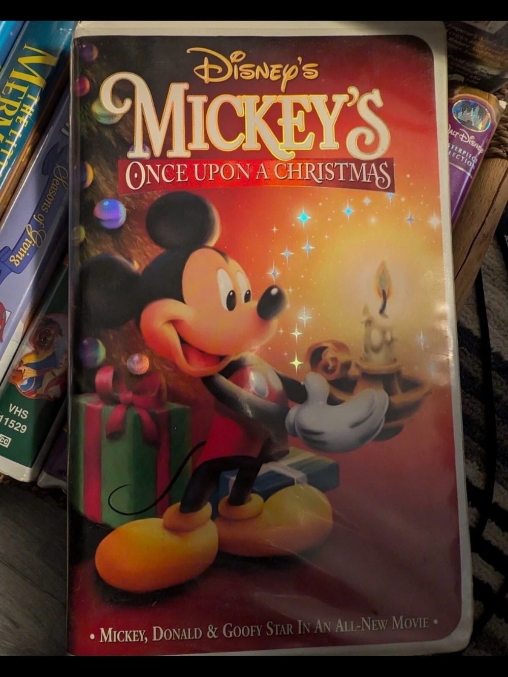 Disney's Mickey's Once Upon a Christmas VHS - Festive Red & Gold Cover